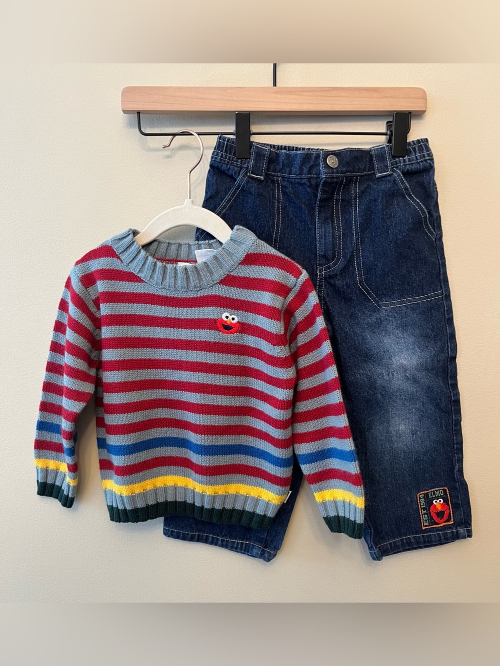 Vintage Sesame Street Elmo Jeans & Striped Sweater Boys Size 3T